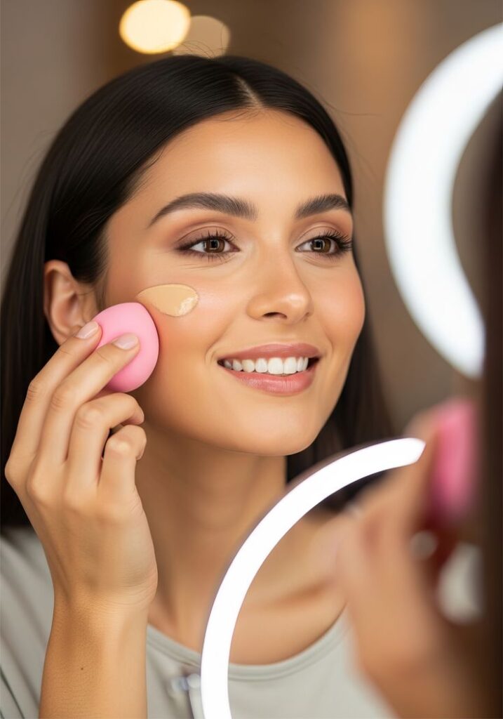 young woman applying foundation with a pink beauty blender near a ring light applying makeup